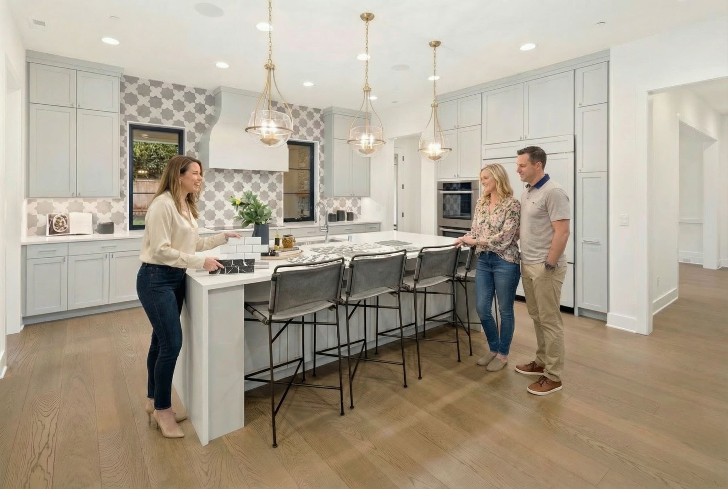 An interior designer meeting with her clients to discuss tile selections for their own custom home.