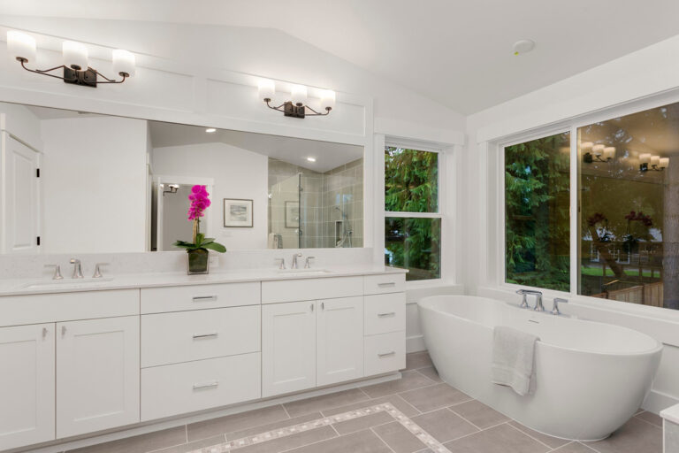 Belmont custom floor plan primary suite bath vanity and tub