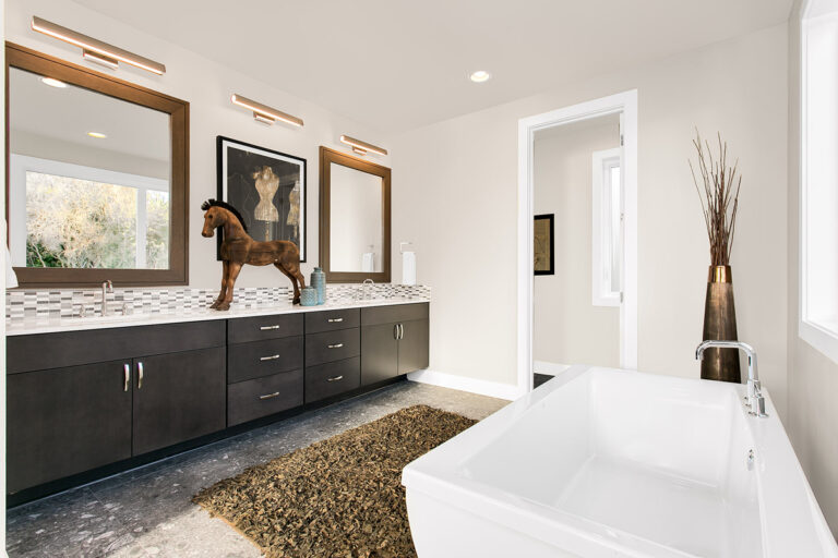 Copenhagen custom floor plan primary suite bath vanity and tub