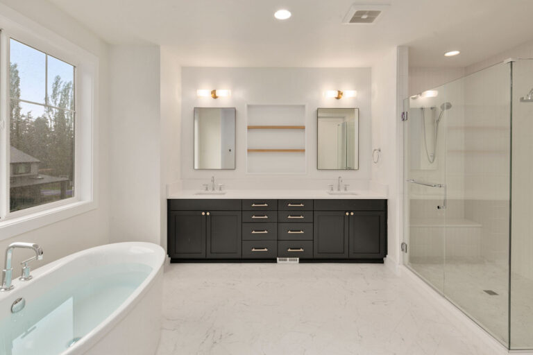 Parthenon custom floor plan modern farmhouse primary suite bath
