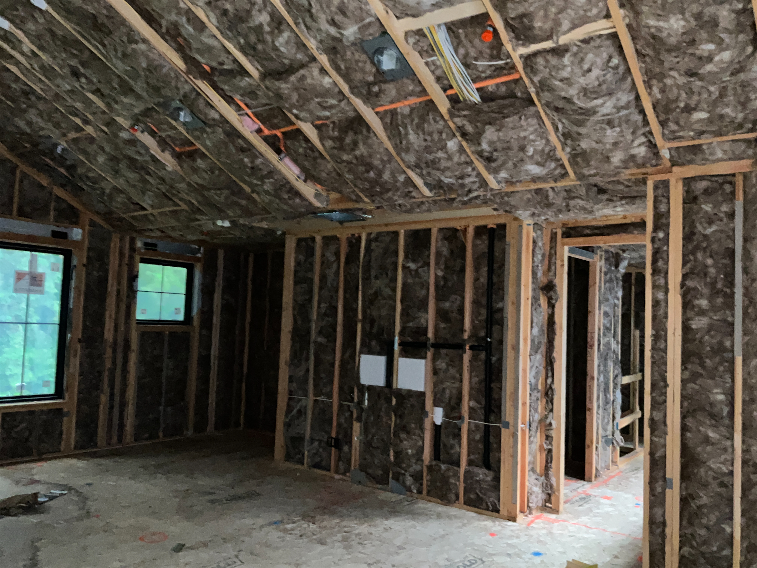 Interior walls with insulation installed