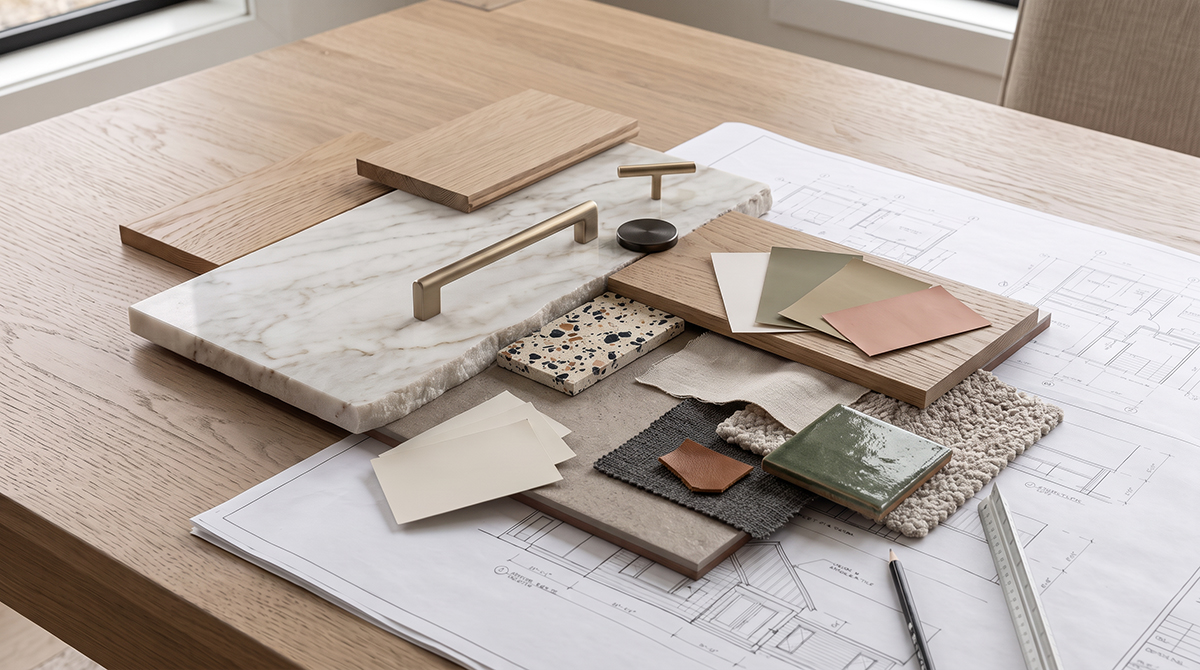 A close-up of curated materials showing how different finishes can work beautifully together.