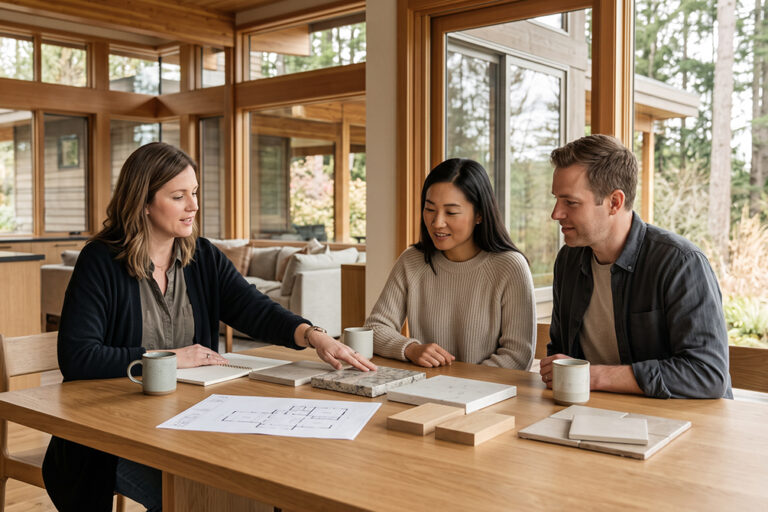 couple discussing countertop layout with designer for custom home