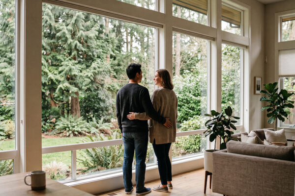 A couple standing together at a large window, looking out at a beautiful green yard. Relaxed, contemplative, optimistic.