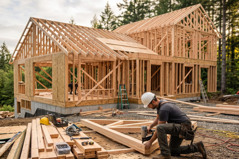 A beautifully composed architectural photograph showing a custom home during the framing stage.