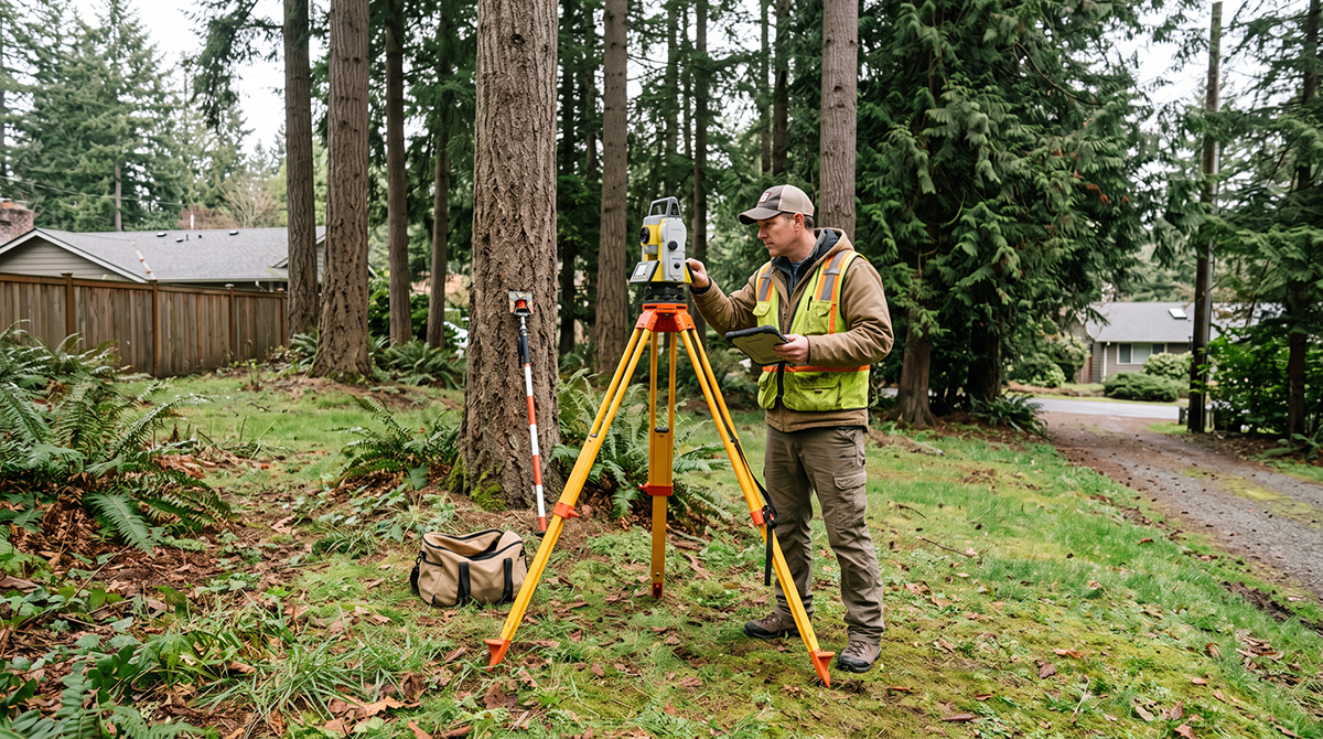 A professional conducting a site evaluation on a wooded Eastside residential property.